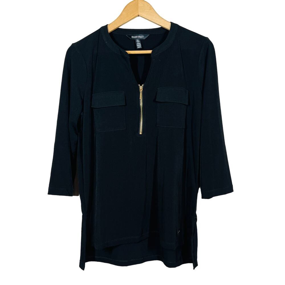 NEW! Ellen Tracy Half Zip Blouse 3/4 Sleeve Pocket Top Black Career Casual - M